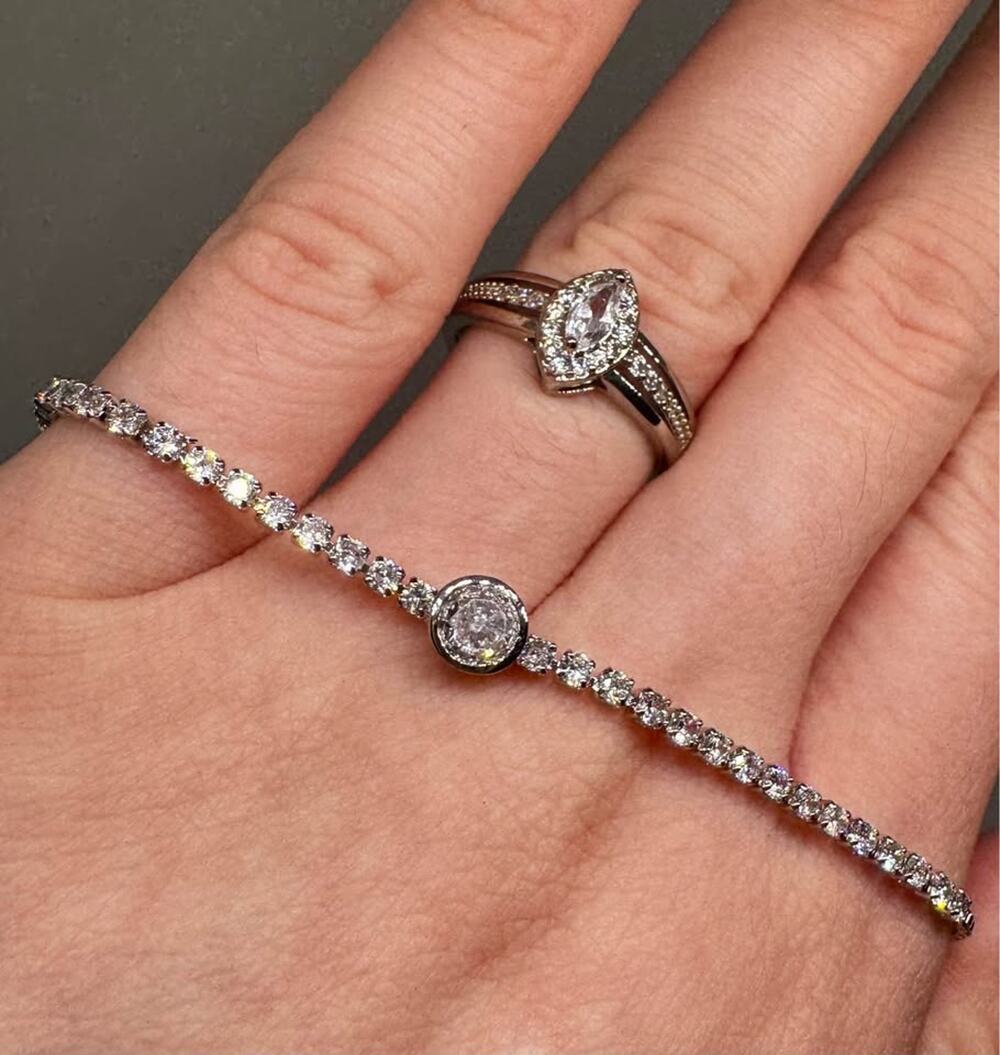 Stainless Steel Marquise Cut Ring and Bolo Tennis Bracelet Set